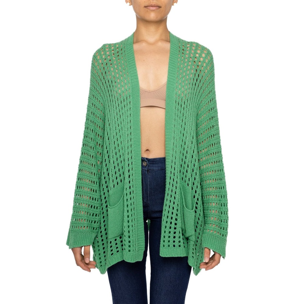 Women's Green Crochet Cardigan Size S Star Knit Soft Cozy Oversized Emerald